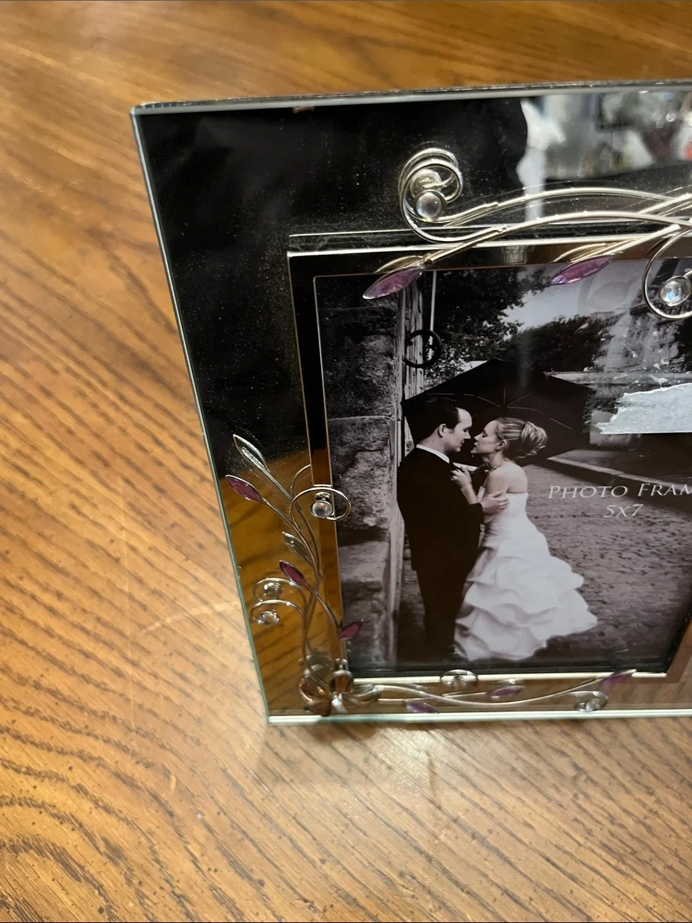 Decorative Glass Photo Frame with Purple Accent Wire Floral Design, 5x7
